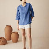 100% Linen Shawl V-Neck Half Sleeve Top JADE