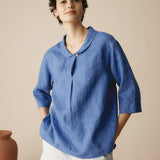 100% Linen Shawl V-Neck Half Sleeve Top JADE