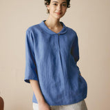 100% Linen Shawl V-Neck Half Sleeve Top JADE