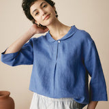 100% Linen Shawl V-Neck Half Sleeve Top JADE
