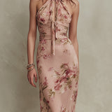 Lia - Elegant Floral Print Chiffon Maxi Dress with Keyhole Neckline