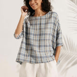 100% Linen Gingham Checked Boatneck 3/4 Length Sleeve Top AURORA