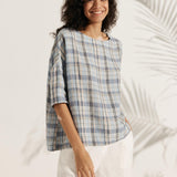 100% Linen Gingham Checked Boatneck 3/4 Length Sleeve Top AURORA