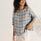 100% Linen Gingham Checked Boatneck 3/4 Length Sleeve Top AURORA