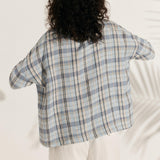 100% Linen Gingham Checked Boatneck 3/4 Length Sleeve Top AURORA