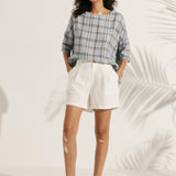 100% Linen Gingham Checked Boatneck 3/4 Length Sleeve Top AURORA