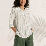 100% Linen Stripe Shawl V-Neck Half Sleeve Top