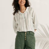 100% Linen Stripe Shawl V-Neck Half Sleeve Top