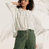 100% Linen Stripe Shawl V-Neck Half Sleeve Top