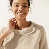 Linen Gingham Checked Round Soft-Fold Collar Top LAURA