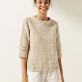Linen Gingham Checked Round Soft-Fold Collar Top LAURA