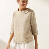 Linen Gingham Checked Round Soft-Fold Collar Top LAURA