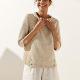 Linen Gingham Checked Round Soft-Fold Collar Top LAURA