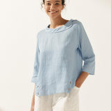 Linen Gingham Checked Round Soft-Fold Collar Top LAURA