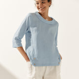 Linen Gingham Checked Round Soft-Fold Collar Top LAURA