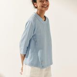 Linen Gingham Checked Round Soft-Fold Collar Top LAURA