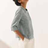 Linen Gingham Checked Round Soft-Fold Collar Top LAURA
