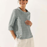 Linen Gingham Checked Round Soft-Fold Collar Top LAURA