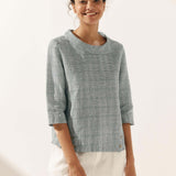 Linen Gingham Checked Round Soft-Fold Collar Top LAURA