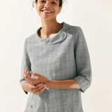 Linen Gingham Checked Round Soft-Fold Collar Top LAURA