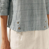 Linen Gingham Checked Round Soft-Fold Collar Top LAURA