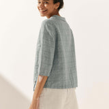 Linen Gingham Checked Round Soft-Fold Collar Top LAURA