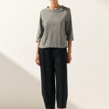 Linen Gingham Checked Round Soft-Fold Collar Top LAURA