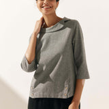 Linen Gingham Checked Round Soft-Fold Collar Top LAURA