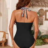 Maclair & Co. - Women One Piece Swimsuit Leopard Splicing Halter V Neck Sexy Tummy Control Push Up Swimwear Back Tie Bathing Suit