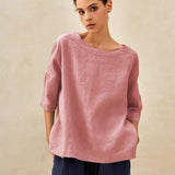 100% Linen Gingham Checked Boatneck 3/4 Length Sleeve Top AURORA