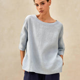 100% Linen Gingham Checked Boatneck 3/4 Length Sleeve Top AURORA
