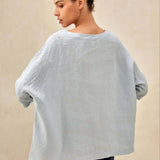 100% Linen Gingham Checked Boatneck 3/4 Length Sleeve Top AURORA