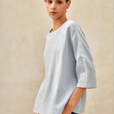 100% Linen Gingham Checked Boatneck 3/4 Length Sleeve Top AURORA