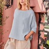100% Linen Gingham Checked Boatneck 3/4 Length Sleeve Top AURORA