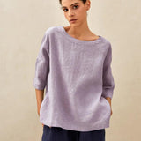 100% Linen Gingham Checked Boatneck 3/4 Length Sleeve Top AURORA