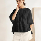 100% Linen Round Neck Mid-Sleeve Top ROBYN