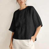 100% Linen Round Neck Mid-Sleeve Top ROBYN
