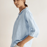100% Linen Stripe Shawl V-Neck Half Sleeve Top