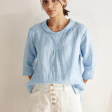 100% Linen Shawl V-Neck Half Sleeve Top JADE