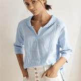 100% Linen Shawl V-Neck Half Sleeve Top JADE