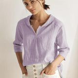 100% Linen Stripe Shawl V-Neck Half Sleeve Top