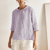 100% Linen Stripe Shawl V-Neck Half Sleeve Top