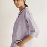 100% Linen Stripe Shawl V-Neck Half Sleeve Top
