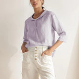 100% Linen Stripe Shawl V-Neck Half Sleeve Top