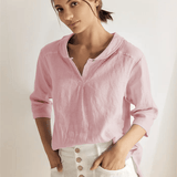100% Linen Stripe Shawl V-Neck Half Sleeve Top