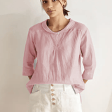 100% Linen Shawl V-Neck Half Sleeve Top JADE
