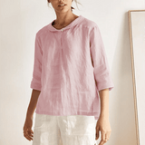 100% Linen Stripe Shawl V-Neck Half Sleeve Top