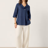 100% Linen Asymmetric Collar Inverted Pleat Top OTTILIE