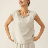 100% Linen Cap Sleeve Beaded Top BIANCA