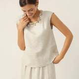 100% Linen Cap Sleeve Beaded Top BIANCA
